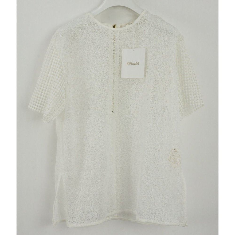 New Diane Von Furstenberg Women's Small White Twig Lace Round Short Sleeve Shirt